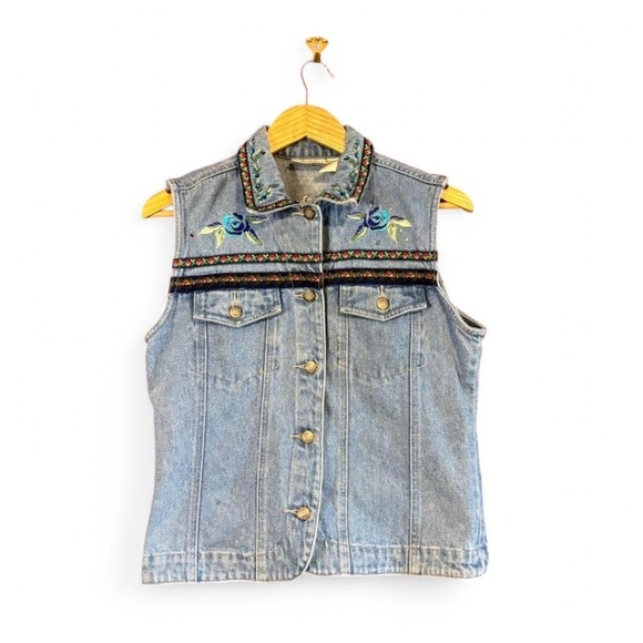 Vintage y2k Embroidered Floral Denim Vest Women's Medium Distressed Cottagecore - Picture 2 of 6